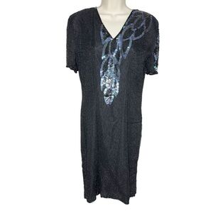Vintage 80’s New Fast Black Sequin Beaded Short Sleeve Evening Dress Size 38